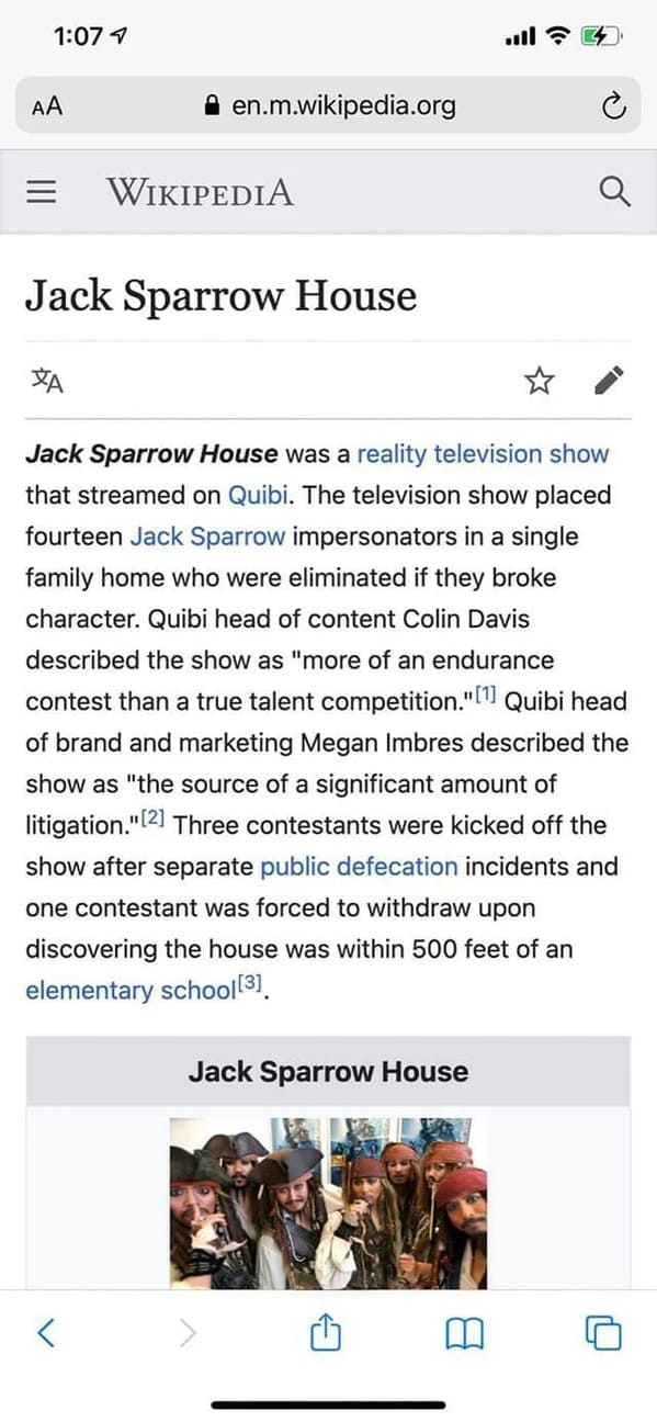 quibi jack sparrow - Aa en.m.wikipedia.org Wikipedia Q Jack Sparrow House Xa Jack Sparrow House was a reality television show that streamed on Quibi. The television show placed fourteen Jack Sparrow impersonators in a single family home who were eliminate