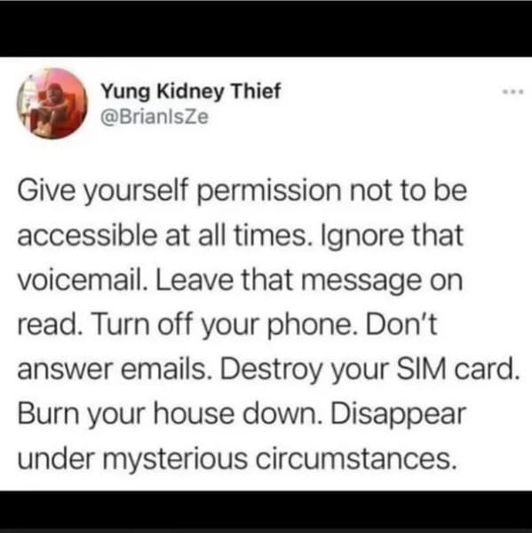 paper - Yung Kidney Thief Give yourself permission not to be accessible at all times. Ignore that voicemail. Leave that message on read. Turn off your phone. Don't answer emails. Destroy your Sim card. Burn your house down. Disappear under mysterious…