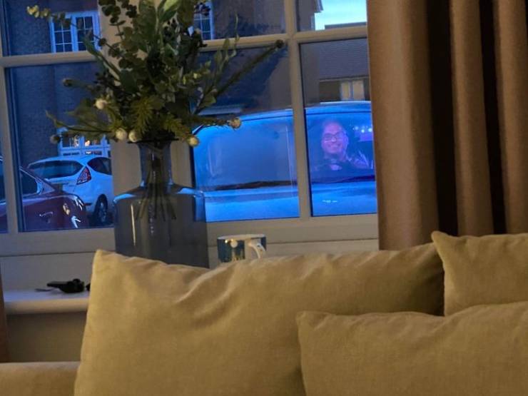 “My wife looked out of our living room window and saw this. The TV screen reflection lined up perfectly with her car.”