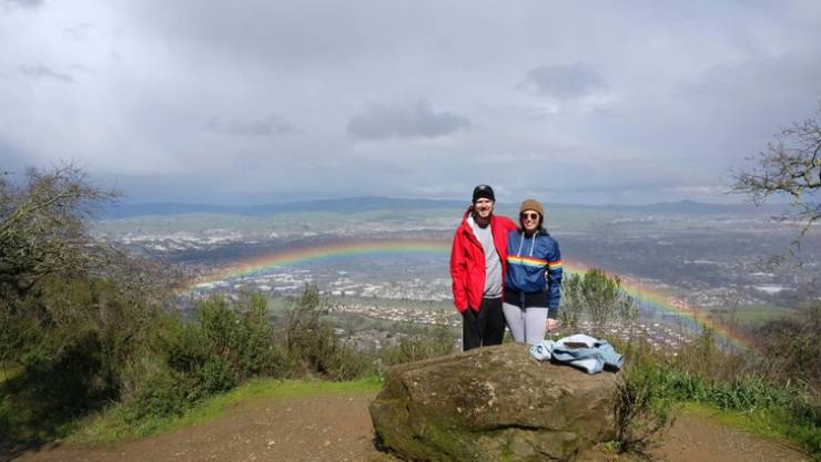 “My wife was wearing the right jacket at the right time. Pleasanton Ridge, CA”