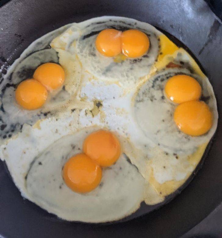 “While making breakfast I got 4 eggs in a row with 2 yolks each!”