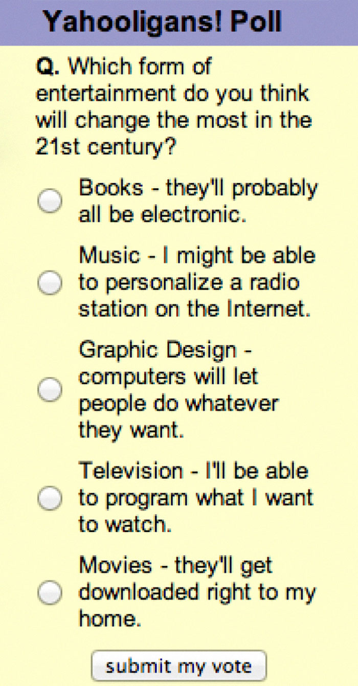 sad text messages - Yahooligans! Poll Q. Which form of entertainment do you think will change the most in the 21st century? Books they'll probably all be electronic. Music I might be able to personalize a radio station on the Internet. Graphic Design comp