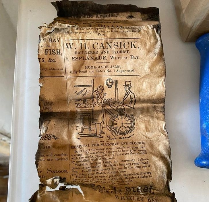 “This 117-year-old newspaper scrap that had been under the floorboards in my bathroom”