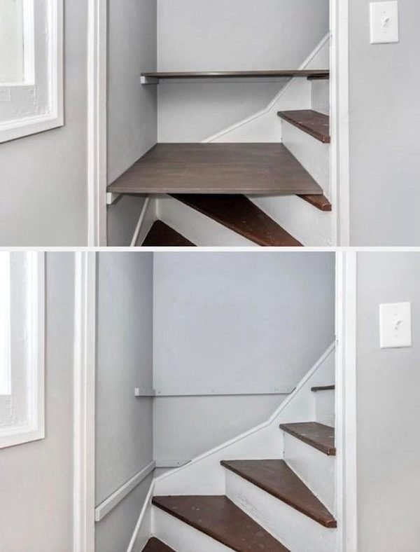 Removable stair shelves in older home on second staircase (seen on Zillow). What’s the purpose?

A: In some older homes, with limited rooms on the second floor, folks “close off” the upstairs in the winter so they aren’t paying to heat it. (Likely there was a door in that door frame. These shelves would allow the stairs to essentially function as a closet for those months.