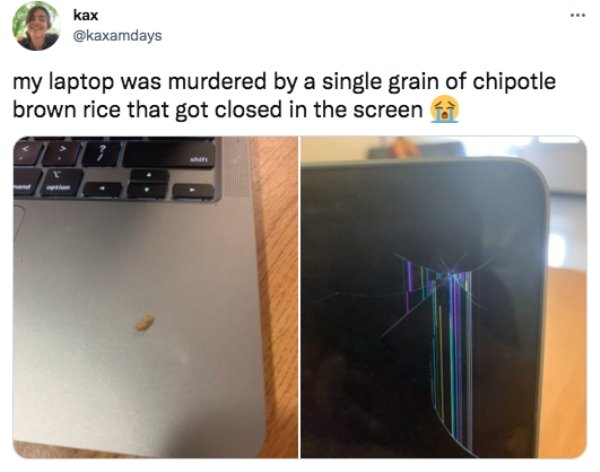 funny tweets - electronics - ... kax my laptop was murdered by a single grain of chipotle brown rice that got closed in the screen