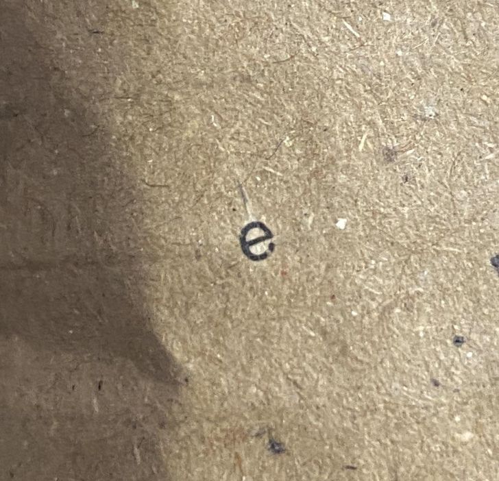“Found an E that survived the recycling process on the cardboard we use at work.”