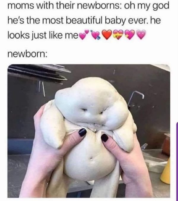 relatable pics that speak the truth - dough baby meme - moms with their newborns oh my god he's the most beautiful baby ever. he looks just me newborn