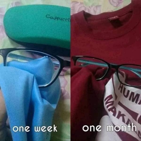 relatable pics that speak the truth - cleaning glasses meme - Cappucet Hum Aki one week one month