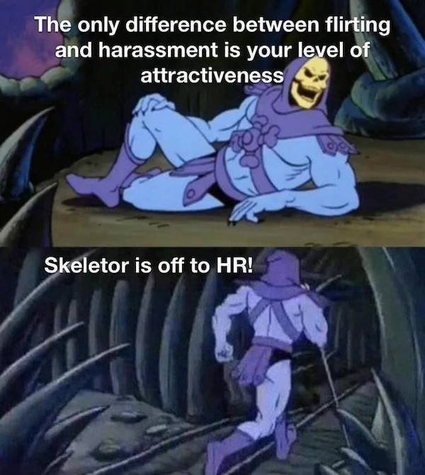 relatable pics that speak the truth - skeletor disturbing facts meme template - The only difference between flirting and harassment is your level of attractiveness Skeletor is off to Hr!