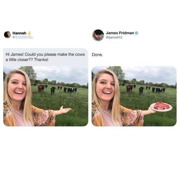 james fridman memes - Hannah James Fridman Hi James! Could you please make the cows Done. a little closer?? Thanks!