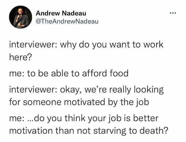 insult examples - ... Andrew Nadeau interviewer why do you want to work here? me to be able to afford food interviewer okay, we're really looking for someone motivated by the job me ...do you think your job is better motivation than not starving to death?