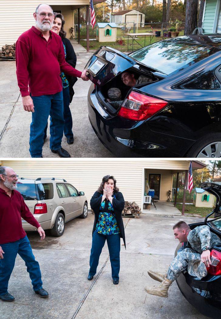 "This man came back from the army and surprised his parents by jumping out of the car."