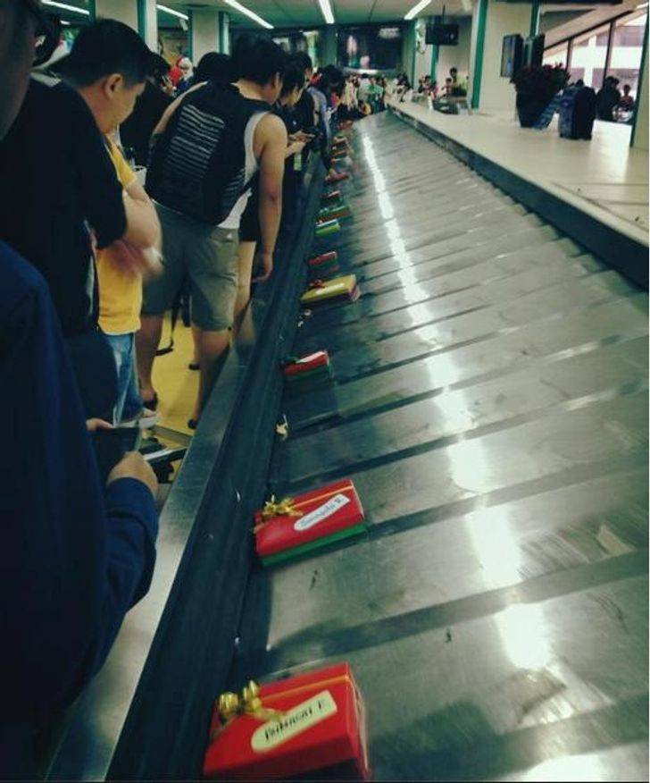 “Upon arriving at the airport, the passenger luggage was nowhere to be found. Instead, gift boxes filled the conveyor belt with the passengers’ names on them.”