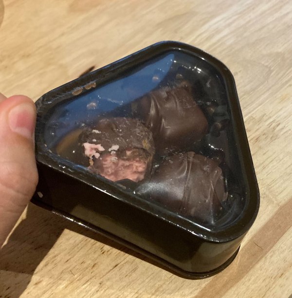 “Bought chocolates for my wife and when she opened it someone had taken a bite before sealing the package.”