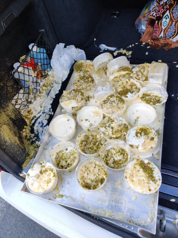 “The desserts got spilled on my cousin’s wedding day.”

*Why transport them in a trunk with no lid?