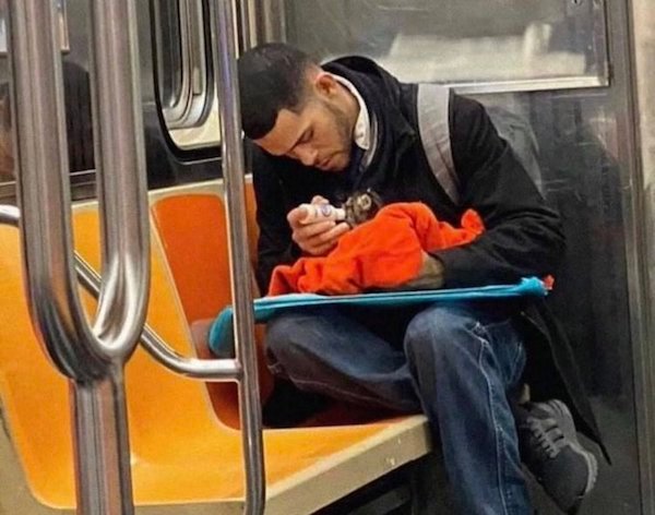 wtf pics - man feeding kitten on subway