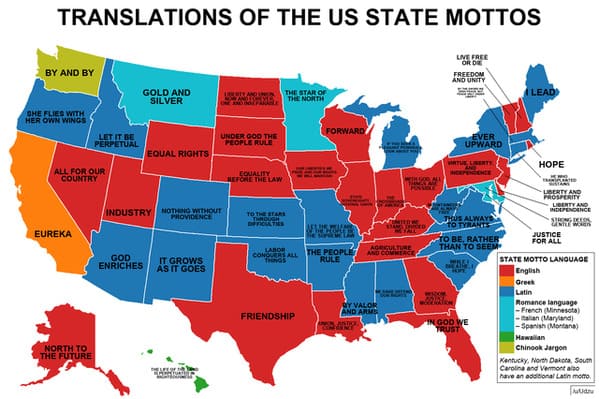 mapped motto of us states - Translations Of The Us State Mottos By And By Lm Free Or De Freedom Ano Unty Gold And Silver The Star Of The North Lead Tangin Panel Dhe Flies With Her Own Wings Forward Let It Be Perpetual Under Goo The Peoplz Rule Ever Upward