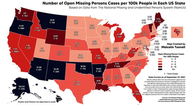 map - Number of Open Missing Persons Cases per People in Each Us State Based on Data from The National Missing and Unidentified Persons System Namus T763 T110 076 113 ta 1143 T 484 3D 10 201 T 130 38 300 10 0.84 41 ass 350 738 1 220 40 1.79 Map Created by