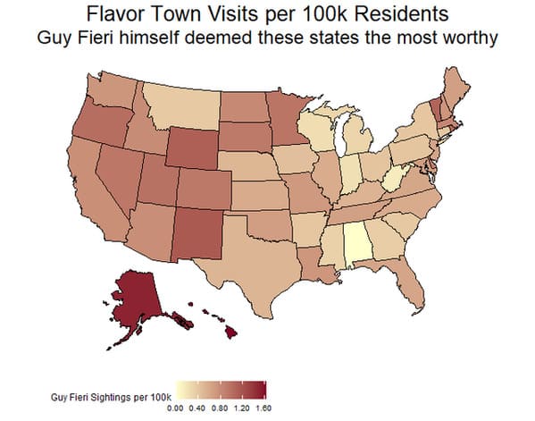 alaska map - Flavor Town Visits per Residents Guy Fieri himself deemed these states the most worthy Guy Fieri Sightings per 0.00 0.40 0.80 1.20 1.60