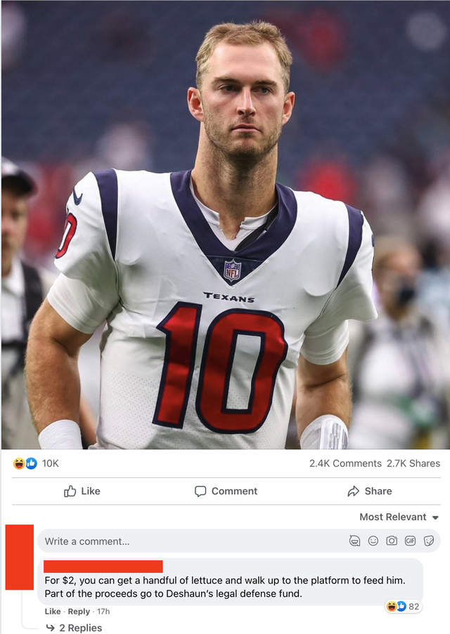 savage comments and comebacks - davis mills neck - Texans 10 Tok Comment Most Relevant Write a comment For $2, you can get a handful of lettuce and walk up to the platform to feed him. Part of the proceeds go to Deshaun's legal defense fund. 2 Replies 2