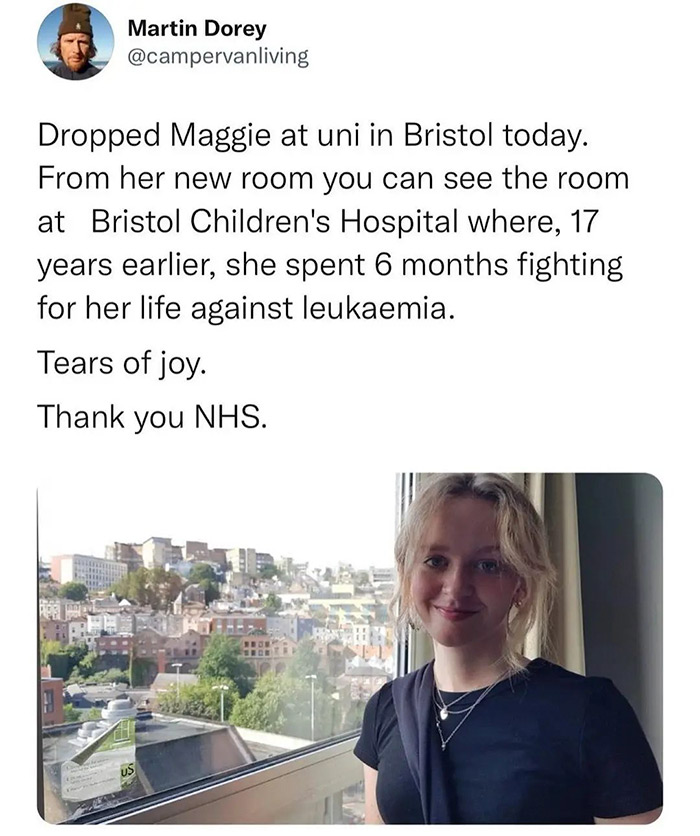 media - Martin Dorey Dropped Maggie at uni in Bristol today. From her new room you can see the room at Bristol Children's Hospital where, 17 years earlier, she spent 6 months fighting for her life against leukaemia. Tears of joy. Thank you Nhs. Us