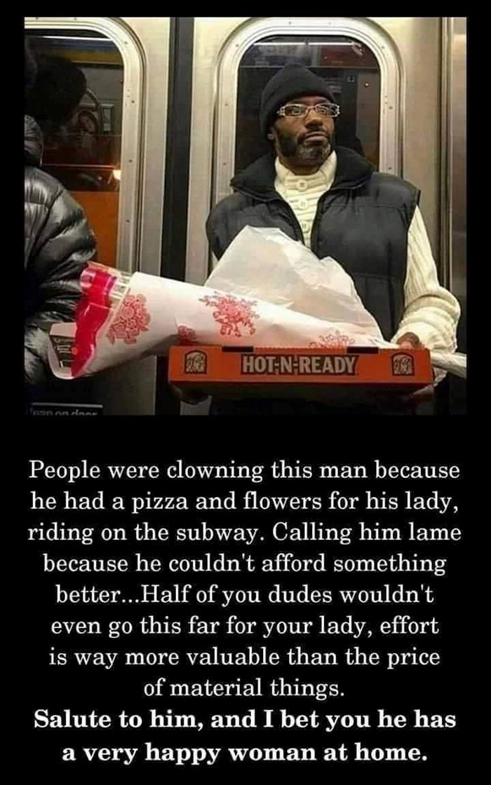 little caesars and flowers - HotNReady People were clowning this man because he had a pizza and flowers for his lady, riding on the subway. Calling him lame because he couldn't afford something better...Half of you dudes wouldn't even go this far for your