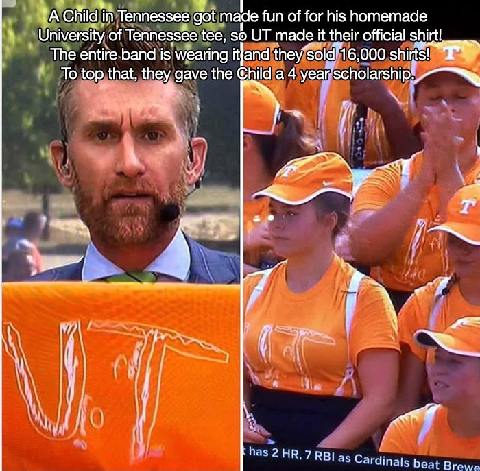 university of tennessee shirt made by kid - A Child in Tennessee got made fun of for his homemade University of Tennessee tee, so Ut made it their official shirt! The entire band is wearing it and they sold 16,000 shirts! To top that, they gave the Child 