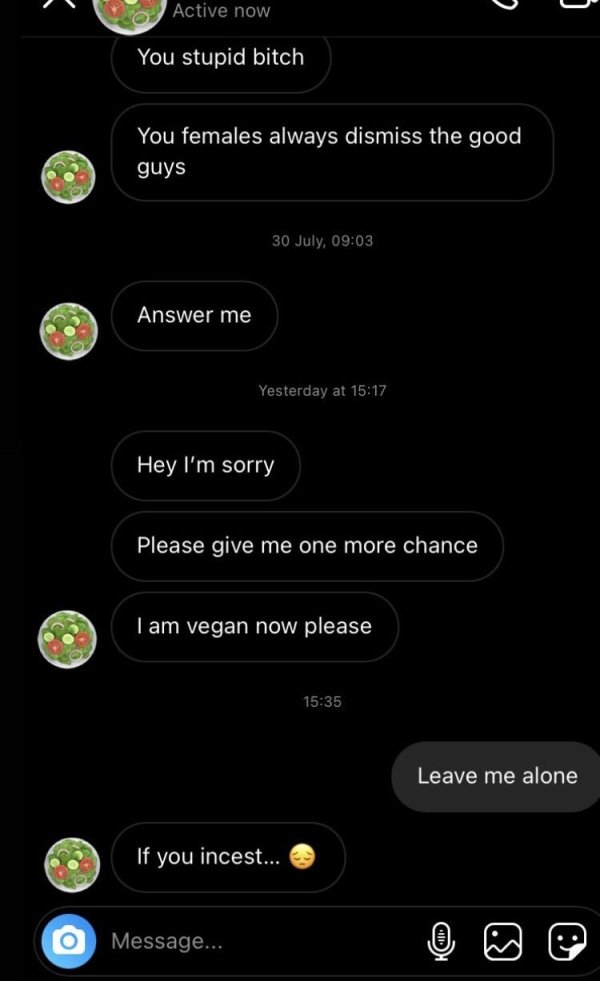 screenshot - Active now C You stupid bitch You females always dismiss the good guys 30 July, Answer me Yesterday at Hey I'm sorry Please give me one more chance I am vegan now please Leave me alone If you incest... O Message... C