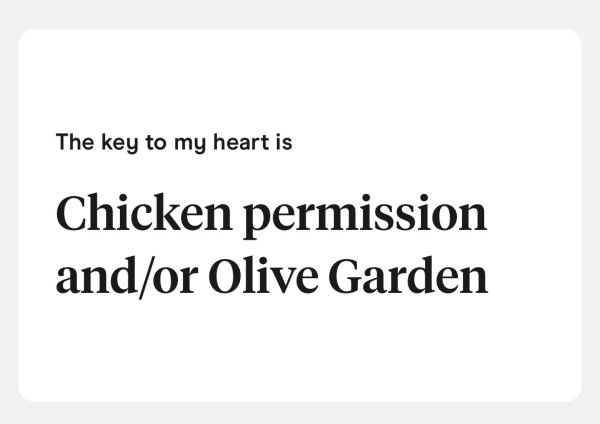 point - The key to my heart is Chicken permission andor Olive Garden