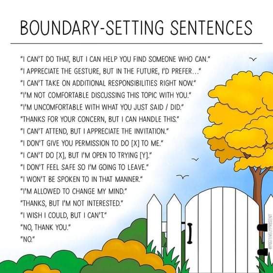 boundary setting sentences - BoundarySetting Sentences "I Can'T Do That, But I Can Help You Find Someone Who Can." "I Appreciate The Gesture, But In The Future, I'D Prefer..." "1 Can'T Take On Additional Responsibilities Right Now." "I'M Not Comfortable D