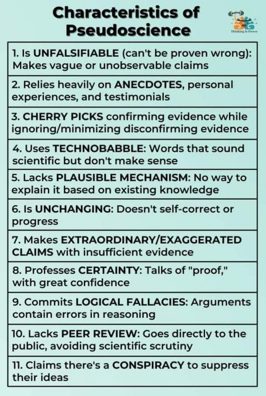characteristics of pseudoscience - Characteristics of Pseudoscience This 1. Is Unfalsifiable can't be proven wrong Makes vague or unobservable claims 2. Relies heavily on Anecdotes, personal experiences, and testimonials 3. Cherry Picks confirming evidenc