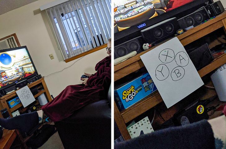 “My wife has been learning to play video games recently. I made her a diagram under the TV so she didn’t have to keep looking down at the controller.”