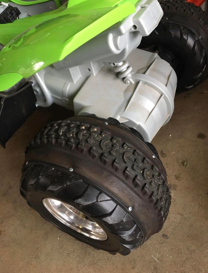 “Cut and attach old bike tires onto your kid’s plastic ATV wheels. They’re less noisy and have better grip and durability.”