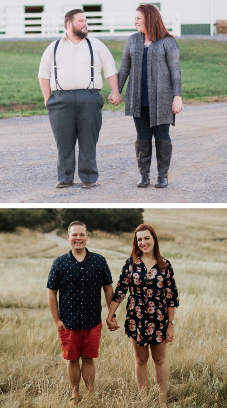 “The difference a year makes: 140 pounds down for him, 100 for me.”