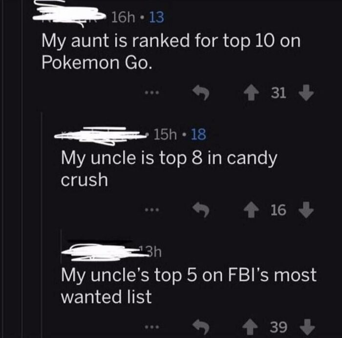 funny photos - funny tweets - fbi's most wanted list meme - 16h 13 My aunt is ranked for top 10 on Pokemon Go. 31 15h 18 My uncle is top 8 in candy crush 16 13h My uncle's top 5 on Fbi's most wanted list 39