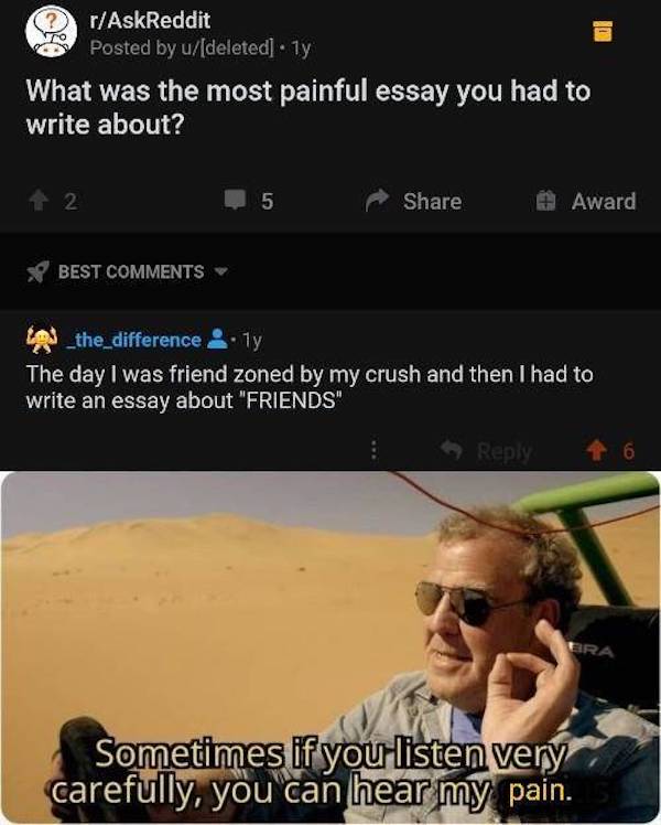 sometimes if you listen close enough you can hear my genius - rAskReddit Posted by udeleted ly What was the most painful essay you had to write about? 42 5 Award Best _the_difference. Ty The day I was friend zoned by my crush and then I had to write an es