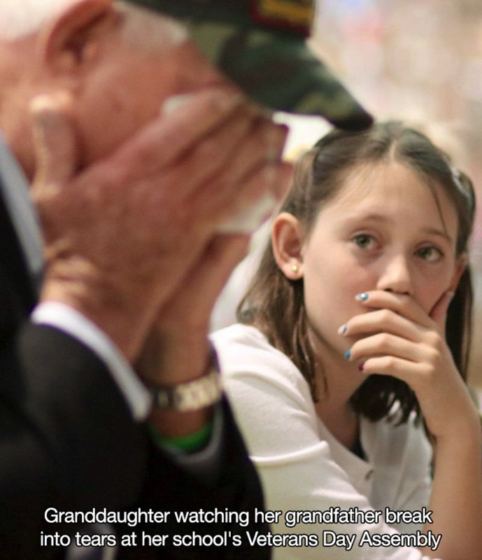 hairstyle - Granddaughter watching her grandfather break into tears at her school's Veterans Day Assembly