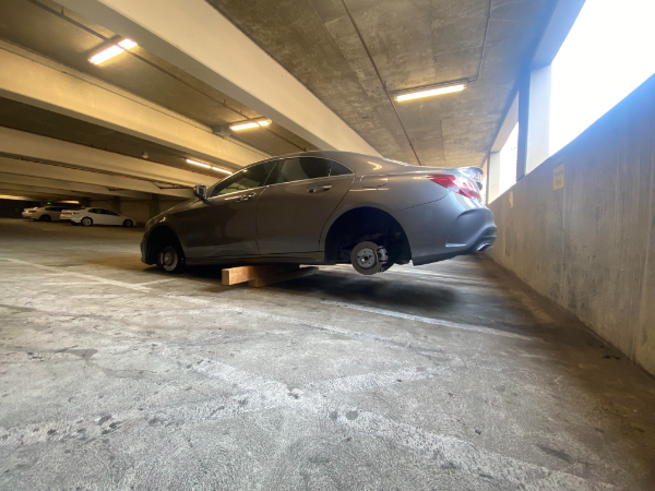 “Came out of class on Saturday to my car being used as a seesaw. I had wheel locks too.”