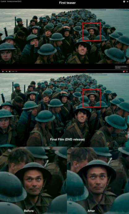 movie special effects - practical - CGI -dunkirk cgi - First tease Final Film Dvd release Before After