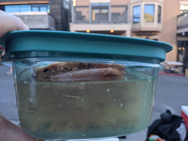 Turns out this Tupperware isn’t water-tight. Had a couple of sandwiches in the bottom of a cooler with ice. And I was worried about the pickles making my sandwich soggy.