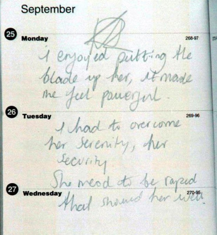 Excerpt from Sharon Carr’s diary. In 1992, 12-year-old Sharon Carr killed 18-year-old Katie Rackliff. She stabbed her around 30 times. Carr was captured and convicted 5 years later after she boasted about it in her diary while in custody for another stabbing