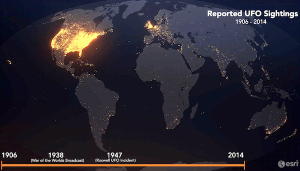 world map - Reported Ufo Sightings 1906 2014 1906 1938 War of the Worlds Broadcast 1947 Roswell Ufo Incident 2014 esri