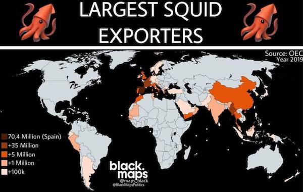 high resolution world map blank - Largest Squid Exporters V Source Oec Year 2019 70,4 Million Spain 135 Million I5 Million 11 Million | black. maps maps black eBlack Maps Politics