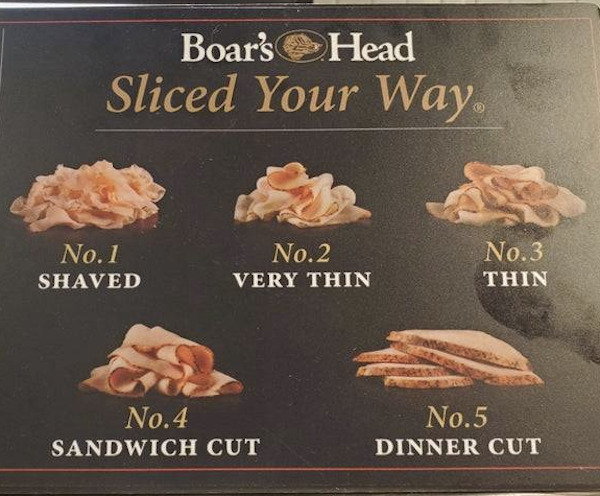 recipe - Boar's Head Sliced Your Way No.1 Shaved No.2 Very Thin No.3 Thin No.4 Sandwich Cut No.5 Dinner Cut