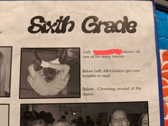 poster - Sixth Grade nt Left shows off one of his many talents. Below Left 6th Graders get com fortable to read. Below Clowning around at the dance.