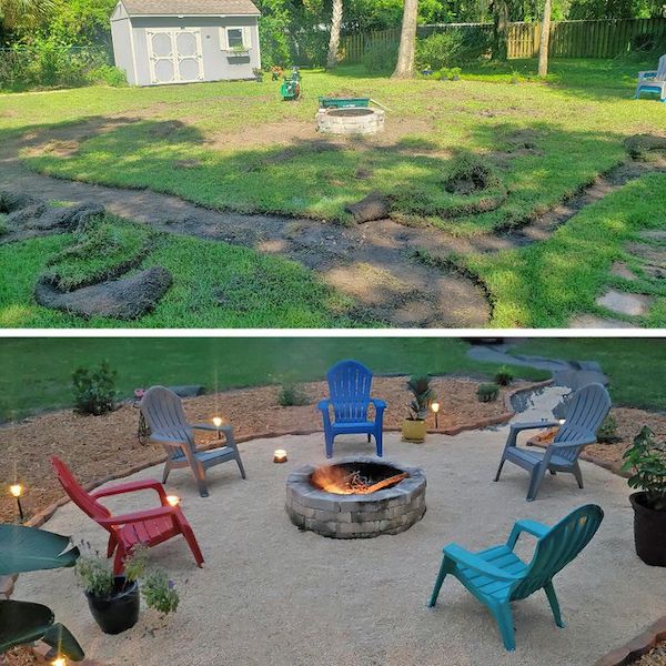 Before and after our DIY fire pit project. Cost about $700.