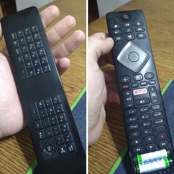 Whoever designed this remote that also has a keyboard at the back is a genius.