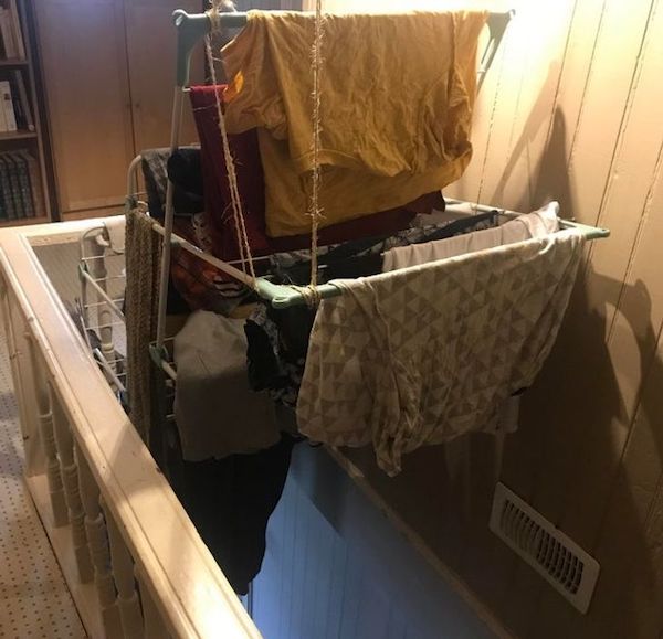 My mom made this system to hang our clothing to dry because the bathroom is being repaired.