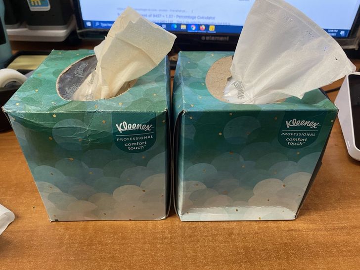 “The tissue boxes at my work have different colored tissues near the end to let you know you only have a few left in the box.”