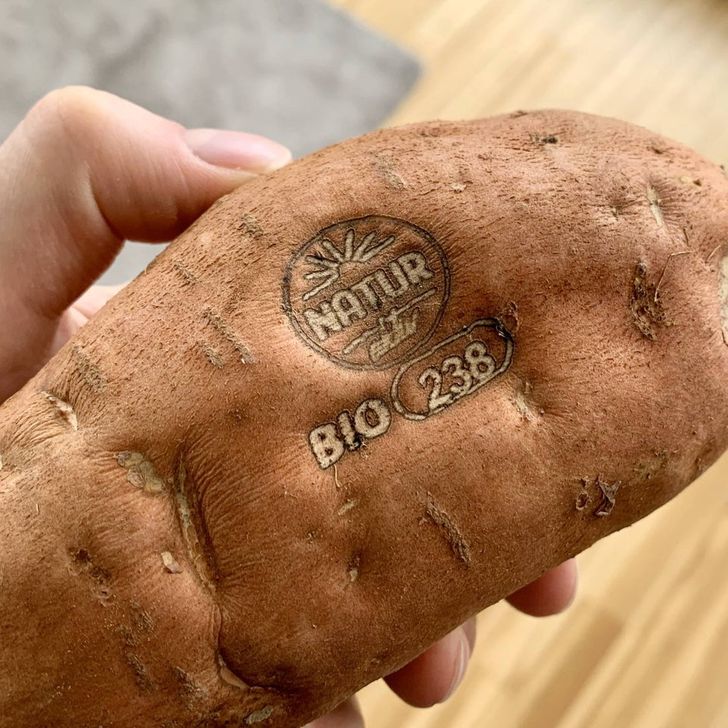This potato has a hot stamp instead of a sticker. It helps reduce the amount of waste.